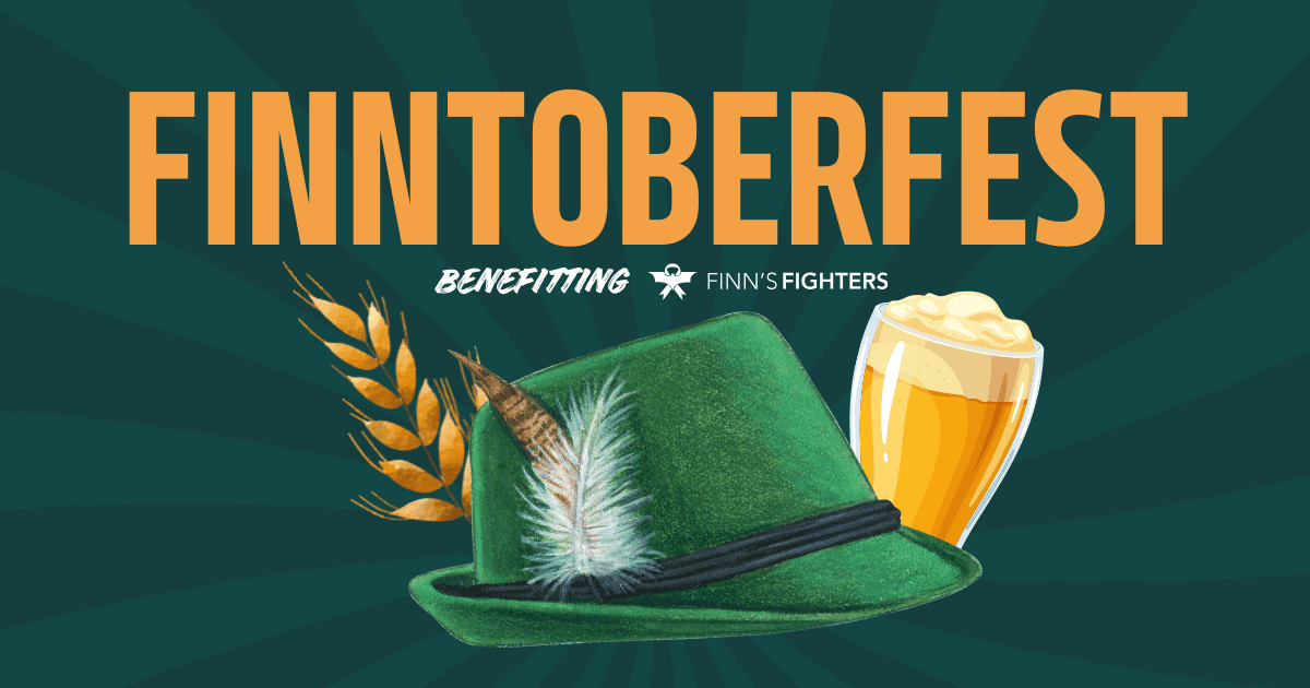 Header for Finntober Fest featuring a dark green background, party decor, and benefitting Finn's Fighters.